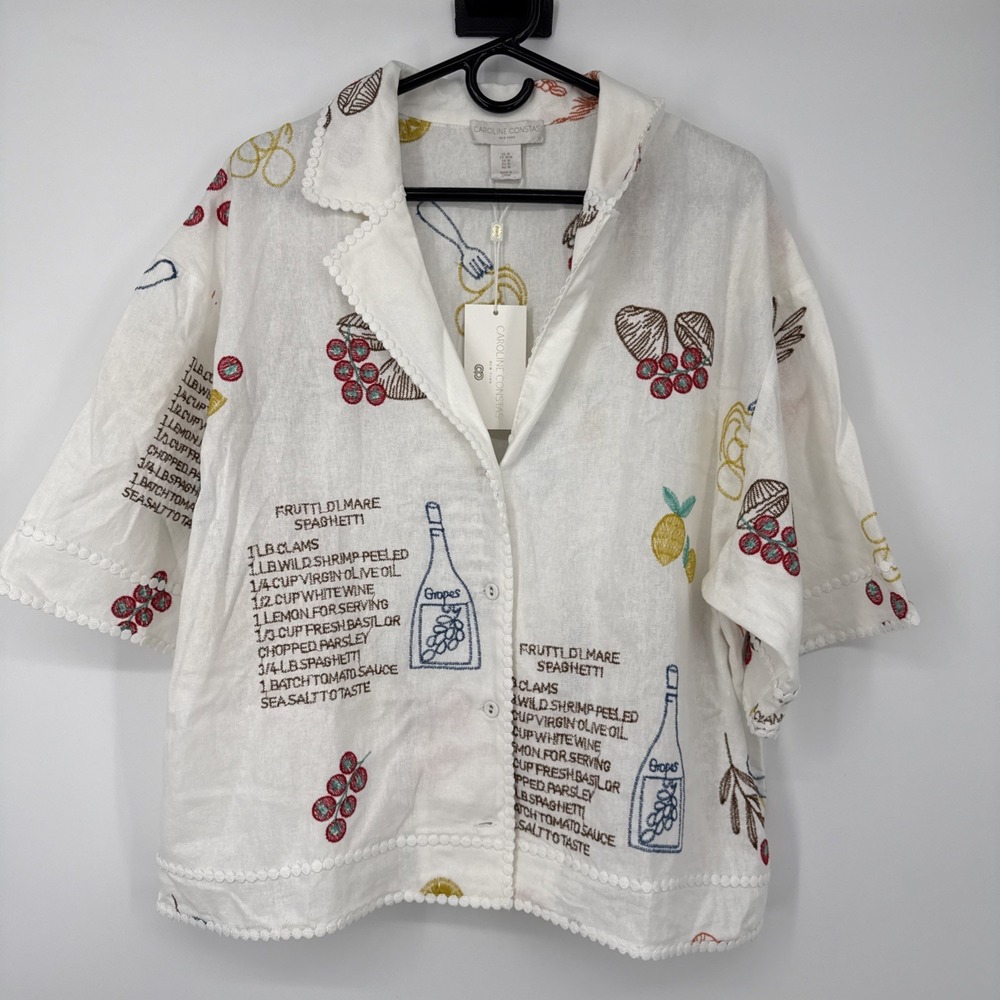 NWT CAROLINE CONSTAS Frutti Di Mare Recipe Embroidered Button Blouse Linen Sz M